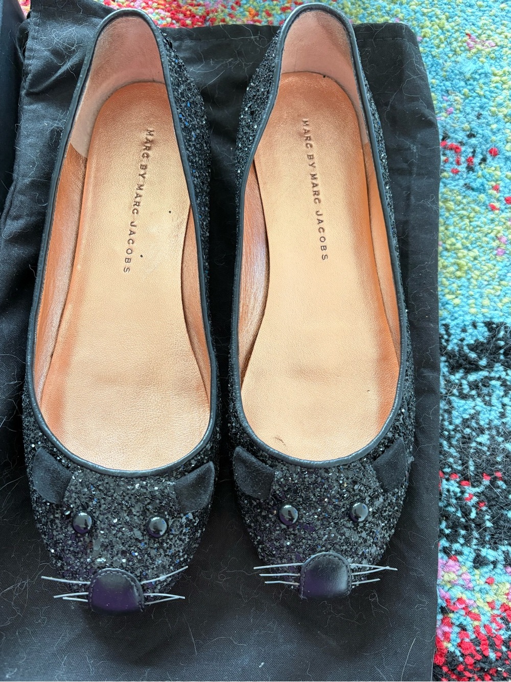 Marc by Marc Jacobs Black Glitter Cat-Embellished Ballet Flats